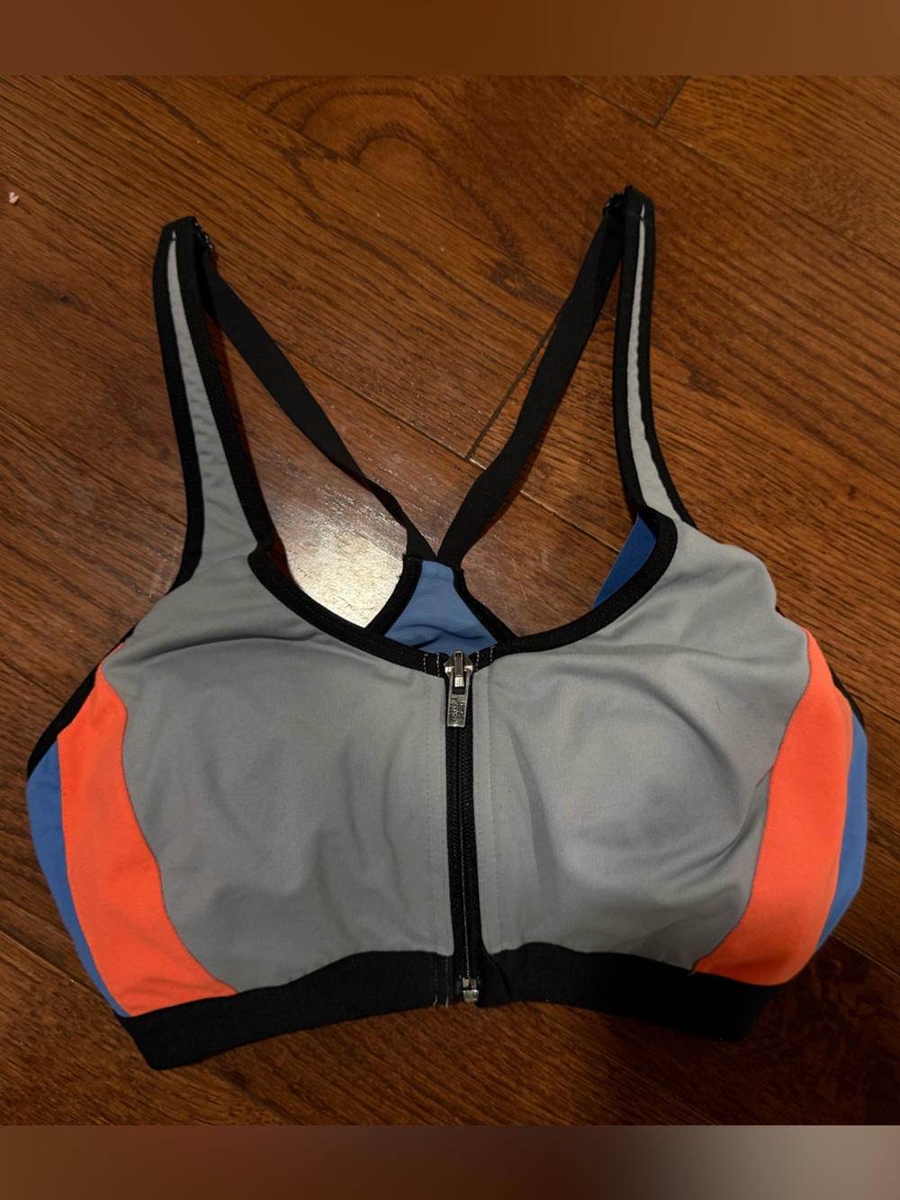 Victoria’s Secret Women's Front-Zip Sports Bra - Gray with Orange & Blue Panels